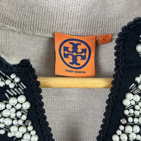 Tory Burch beige embellished v-neck sweater - Picture 2 of 5